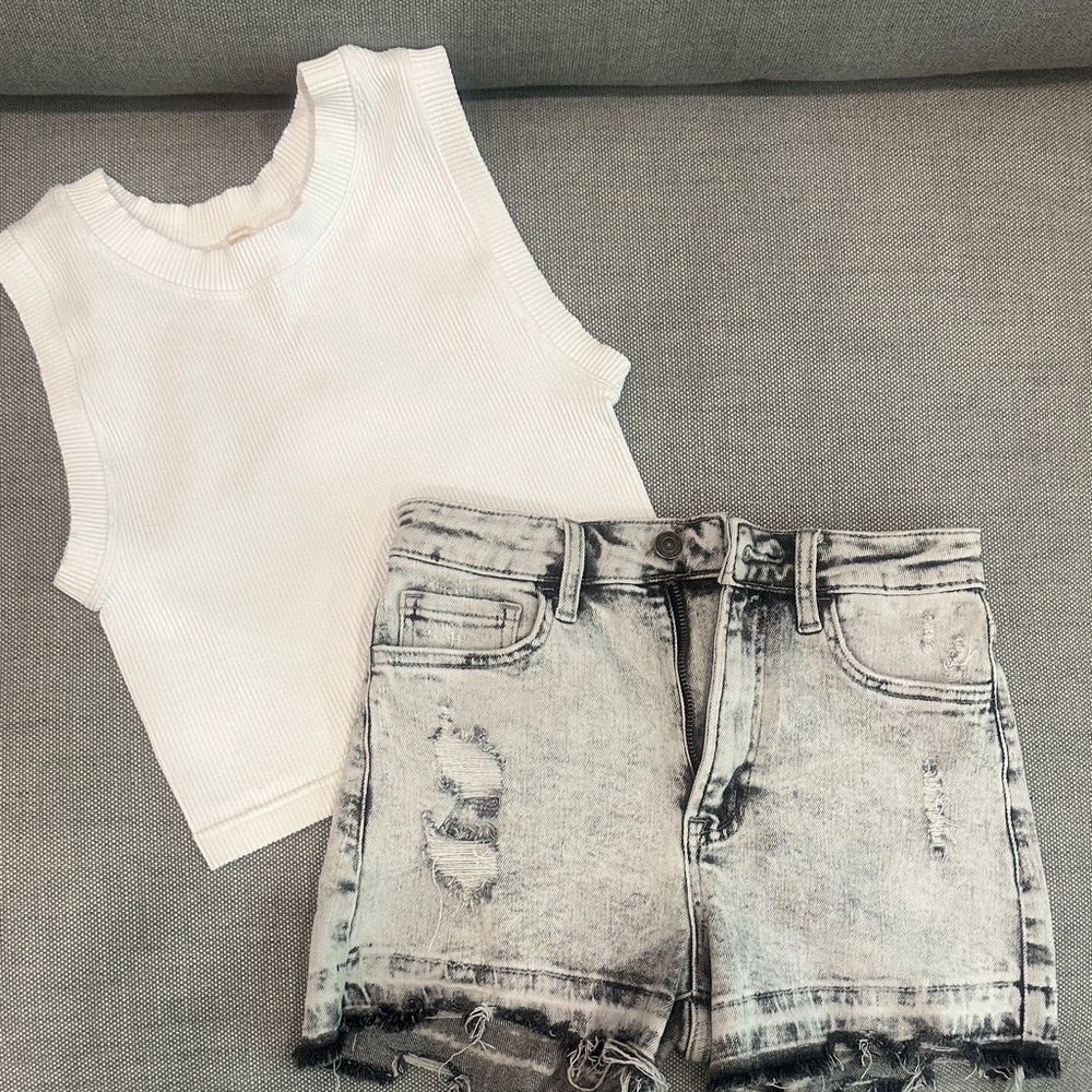 Distressed Denim Women Shorts and Tank Set